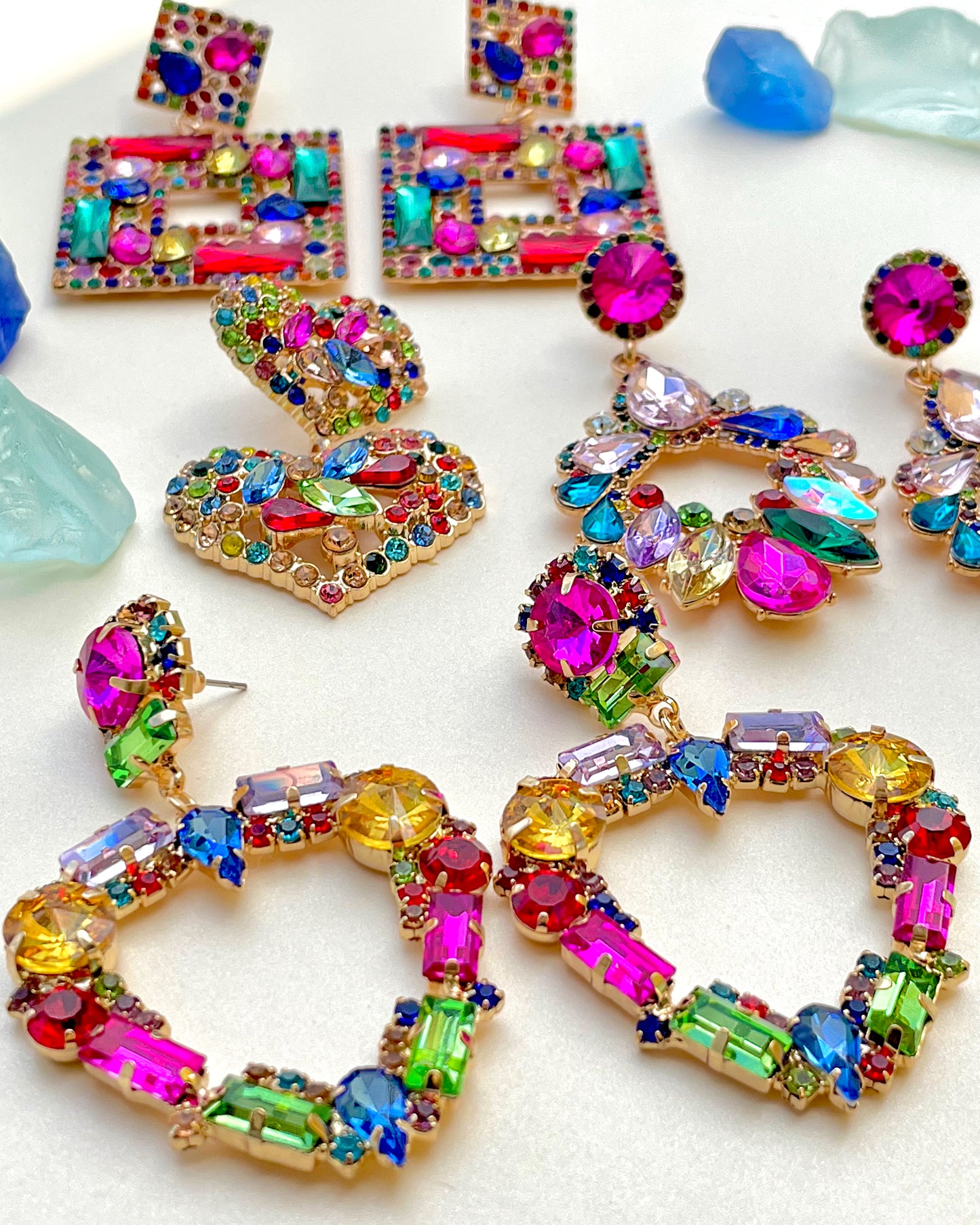 Summer Beach Geometric, Square, Colorful Crystal Earrings.