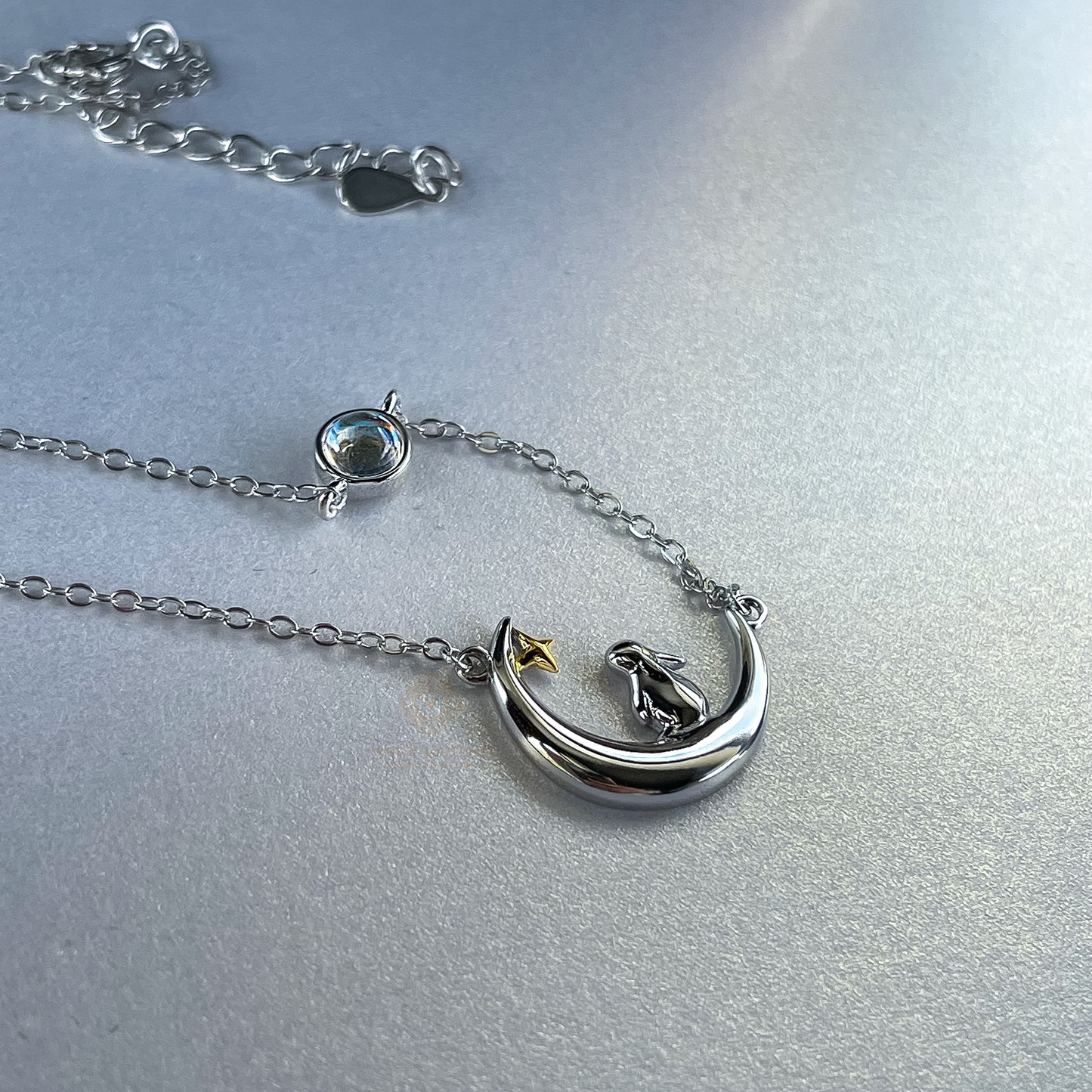 VB Sterling Silver Cute Rabbit on the Moon Necklace.