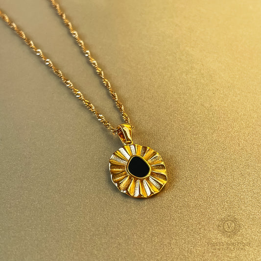 VB 18K Gold Plated Dainty, Vintage Necklace, Black Flower.