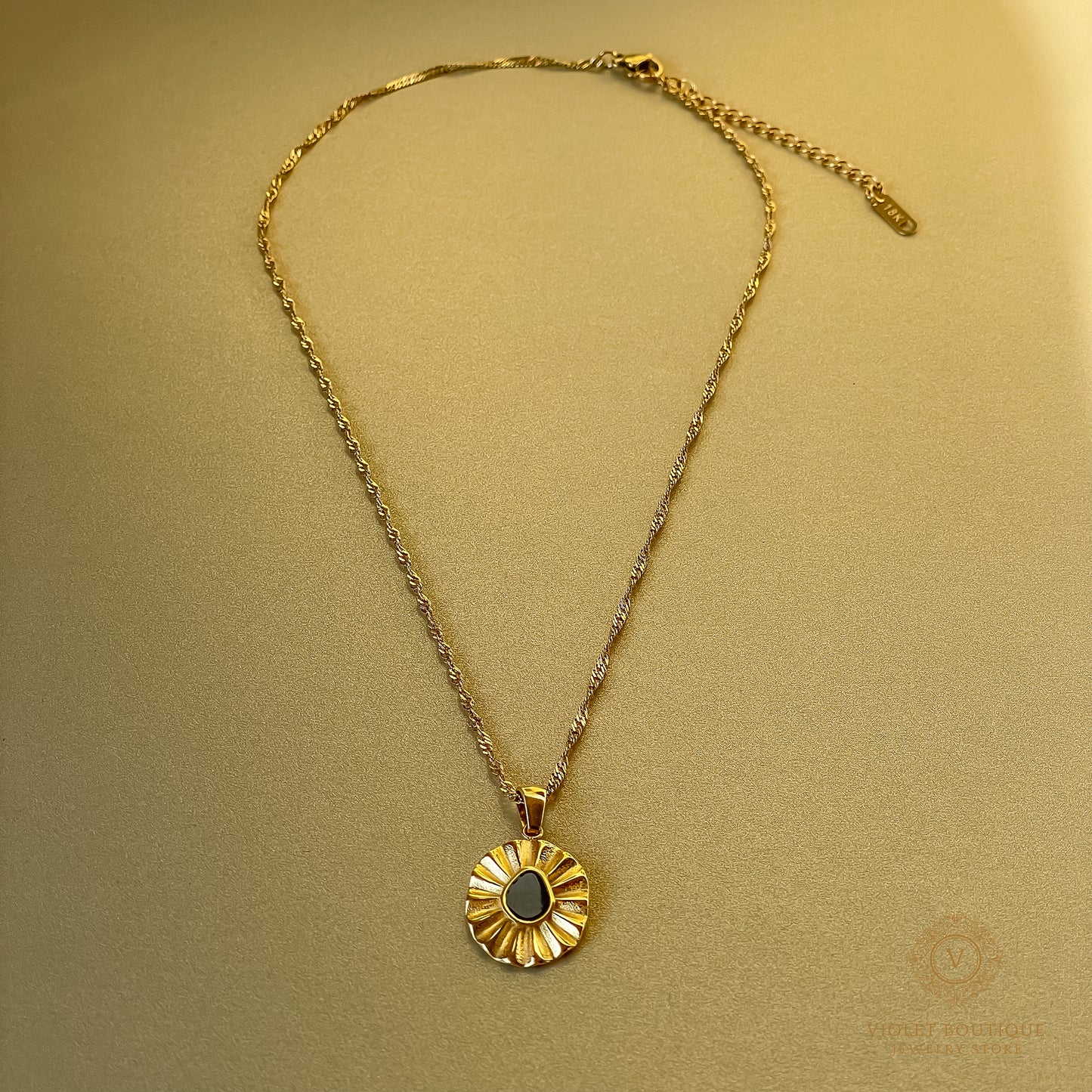 VB 18K Gold Plated Dainty, Vintage Necklace, Black Flower.