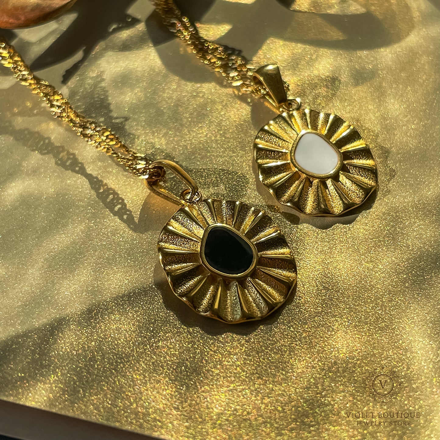 VB 18K Gold Plated Dainty, Vintage Necklace, Black Flower.