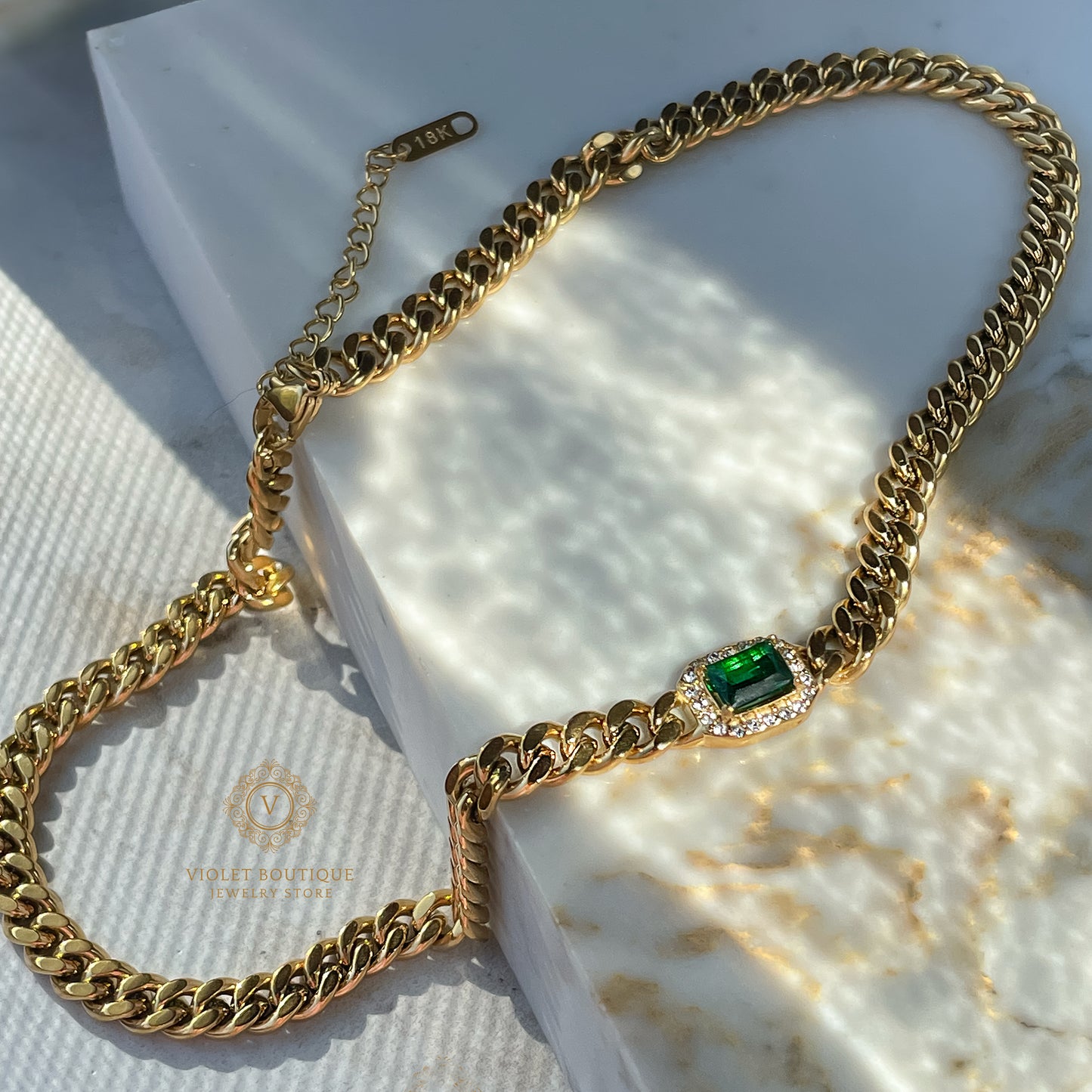 VB Harper 18K Gold Plated Collection Link Cuban Chain Necklace, Choker, Bracelet, Green Stone.