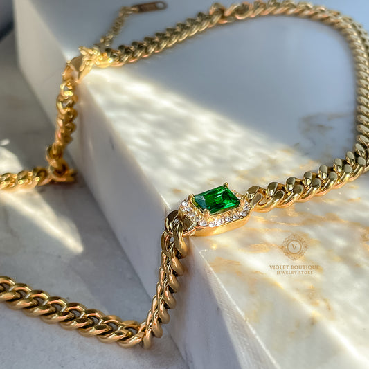 VB Harper 18K Gold Plated Collection Link Cuban Chain Necklace, Choker, Bracelet, Green Stone.