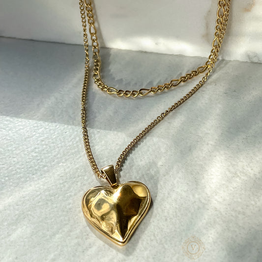 18K Gold Plated Stainless Steal Vintage Heart Necklace, Heart with Double Chain.