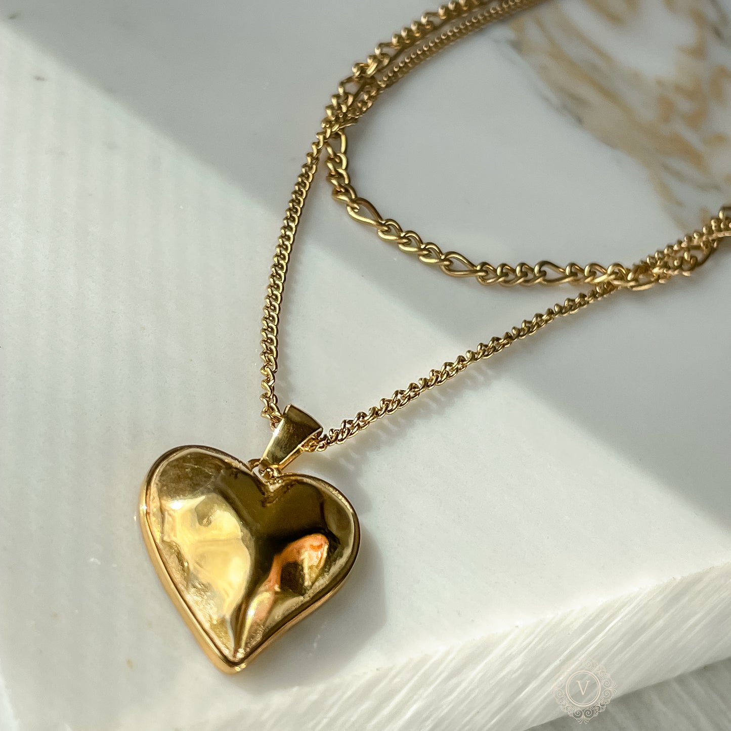 18K Gold Plated Stainless Steal Vintage Heart Necklace, Heart with Double Chain.