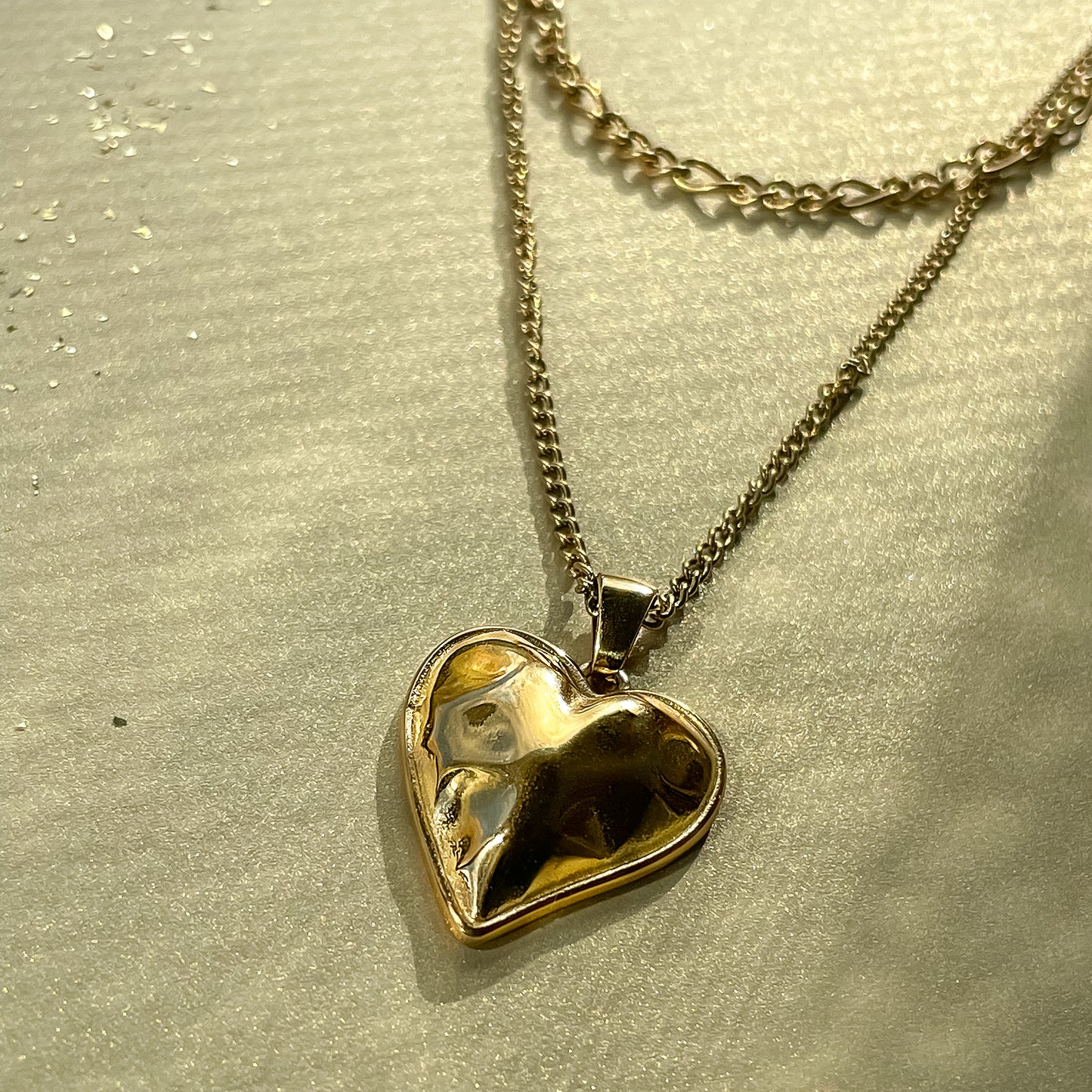 18K Gold Plated Stainless Steal Vintage Heart Necklace, Heart with Double Chain.