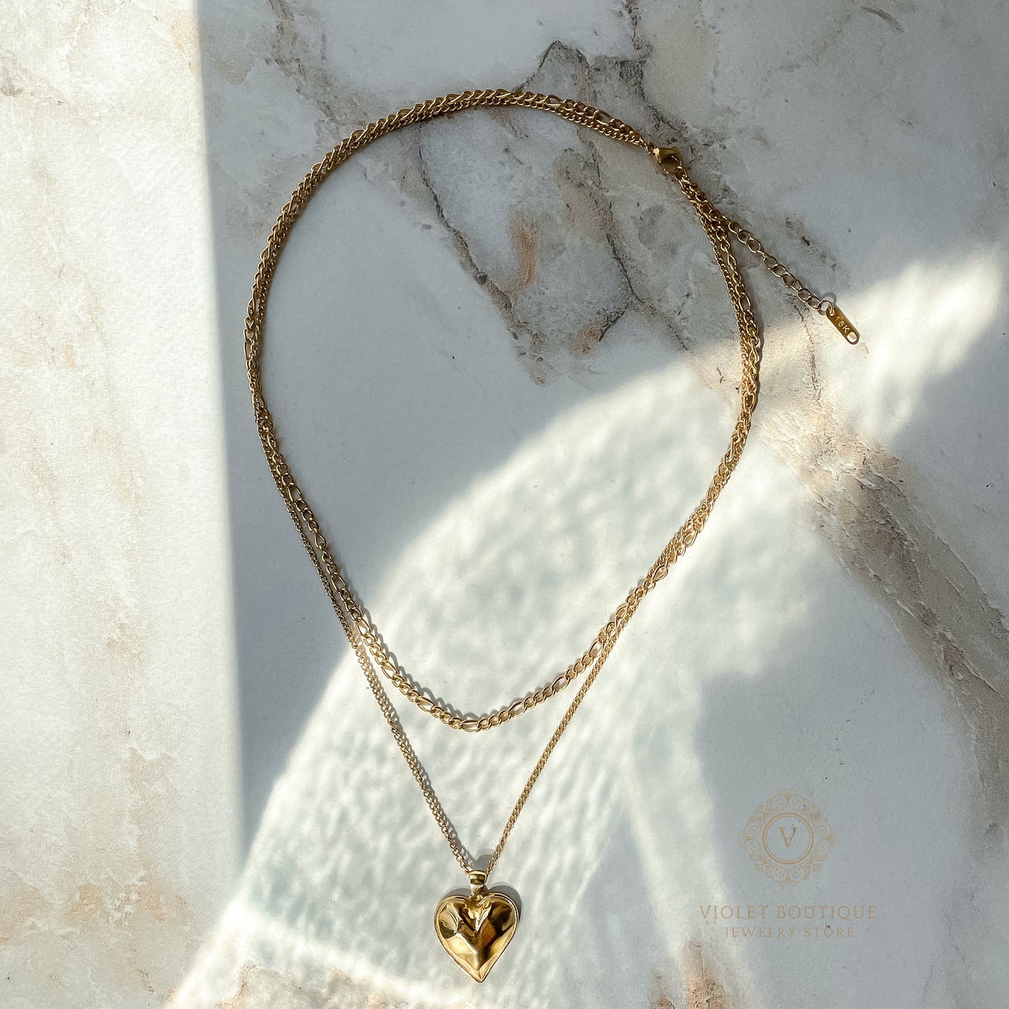 18K Gold Plated Stainless Steal Vintage Heart Necklace, Heart with Double Chain.