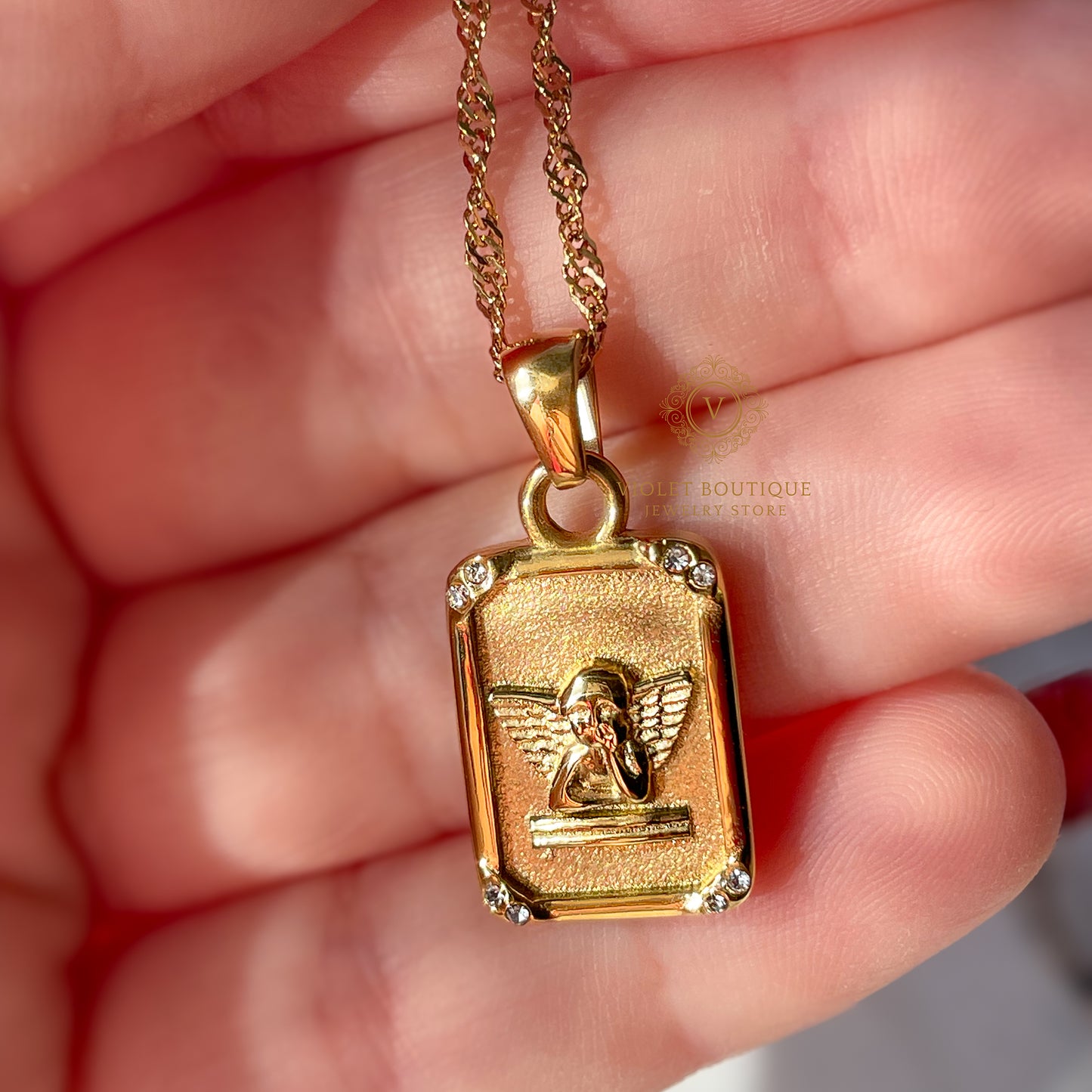 VB 18K Gold Plated Angel Tarot Card Necklace.