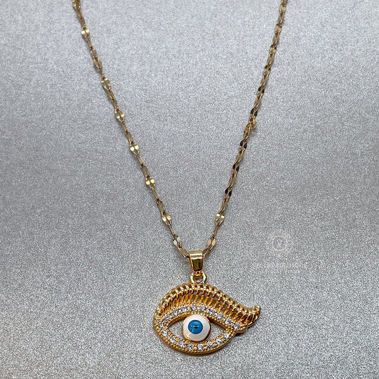 VB Stainless Steel Gold Plated Blue Evil Eye Pendant Necklace.
