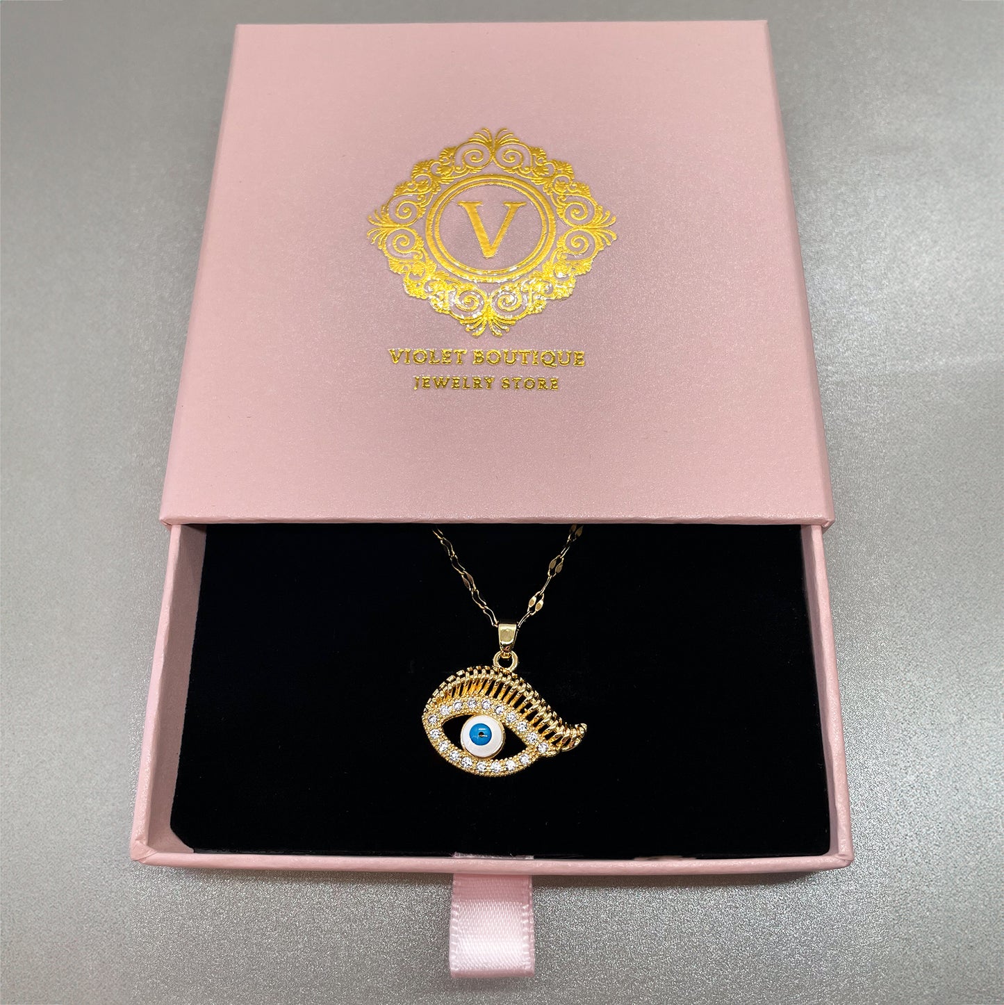 VB Stainless Steel Gold Plated Blue Evil Eye Pendant Necklace.