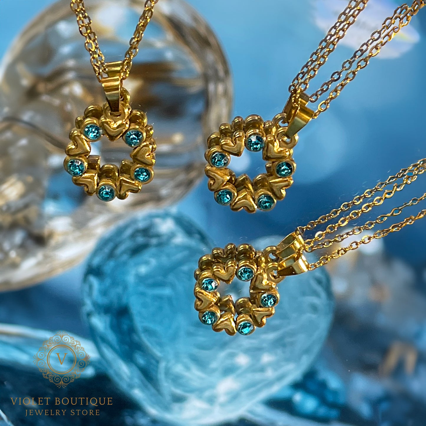 VB Elsa , 18K Gold Plated Aquamarine Hearts Circle Necklace.