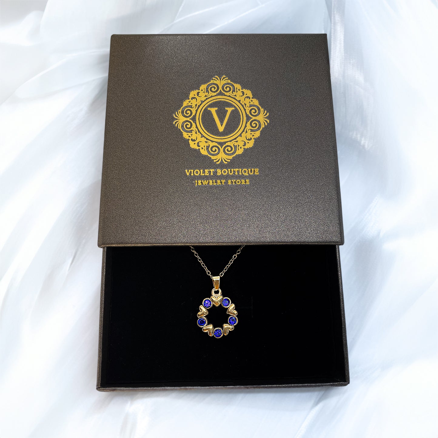 VB Olivia , 18K Gold Plated Necklace, Deep Blue Crystals.