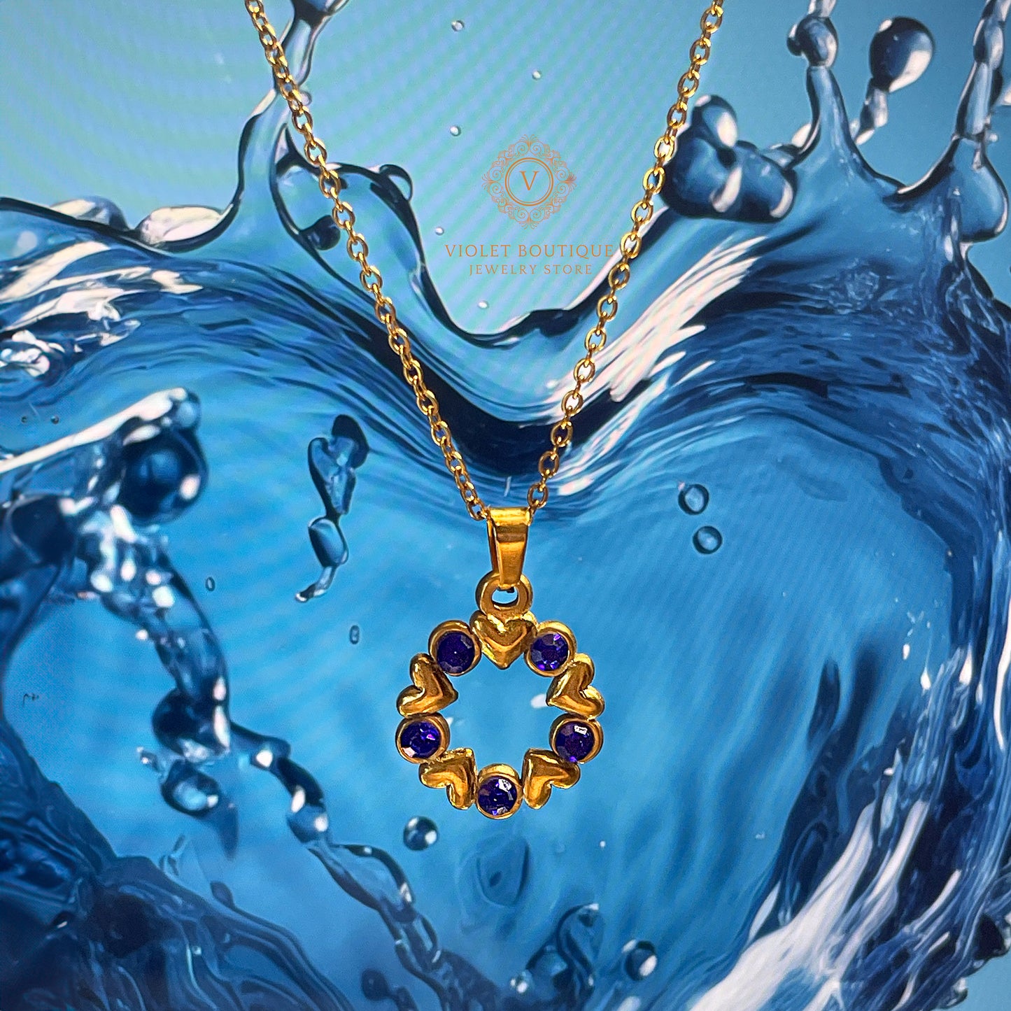 VB Olivia , 18K Gold Plated Necklace, Deep Blue Crystals.