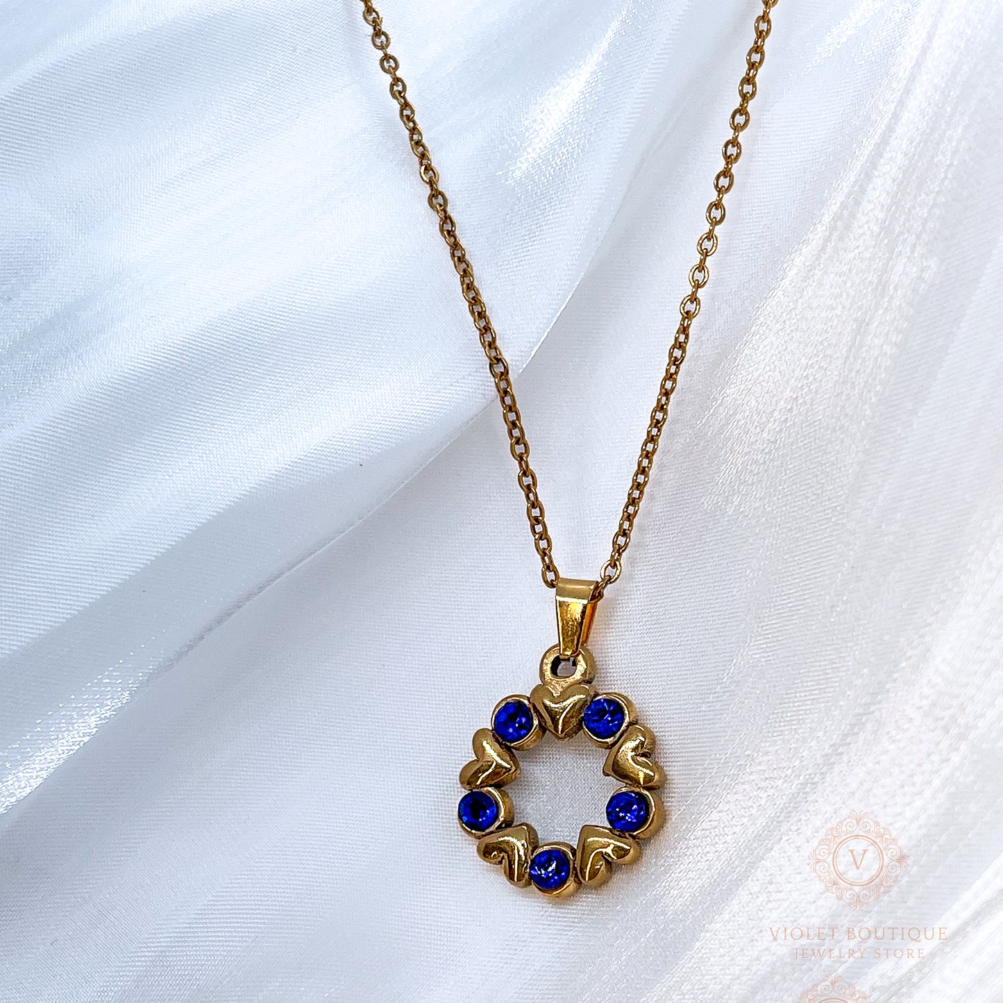 VB Olivia , 18K Gold Plated Necklace, Deep Blue Crystals.