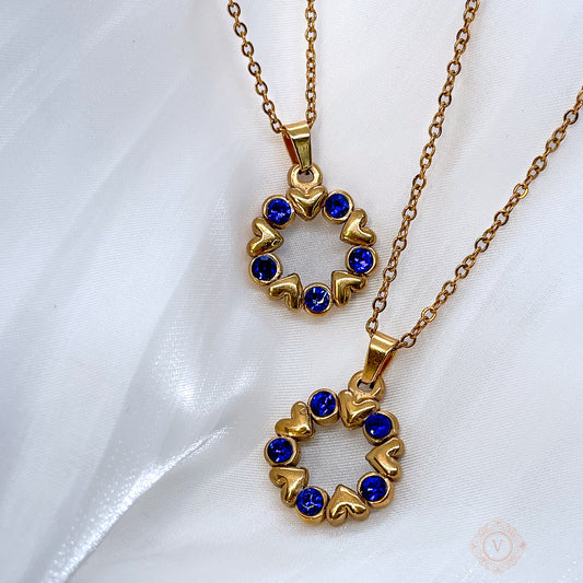 VB Olivia , 18K Gold Plated Necklace, Deep Blue Crystals.