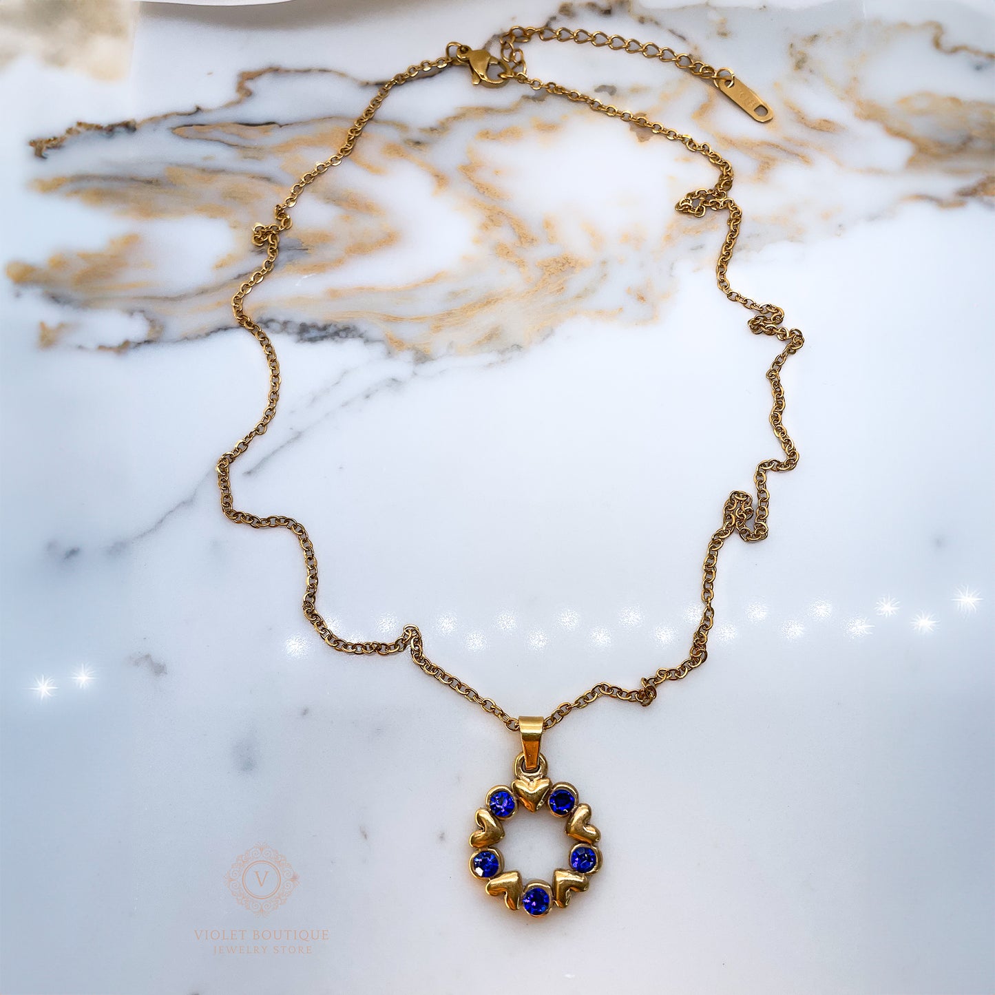 VB Olivia , 18K Gold Plated Necklace, Deep Blue Crystals.