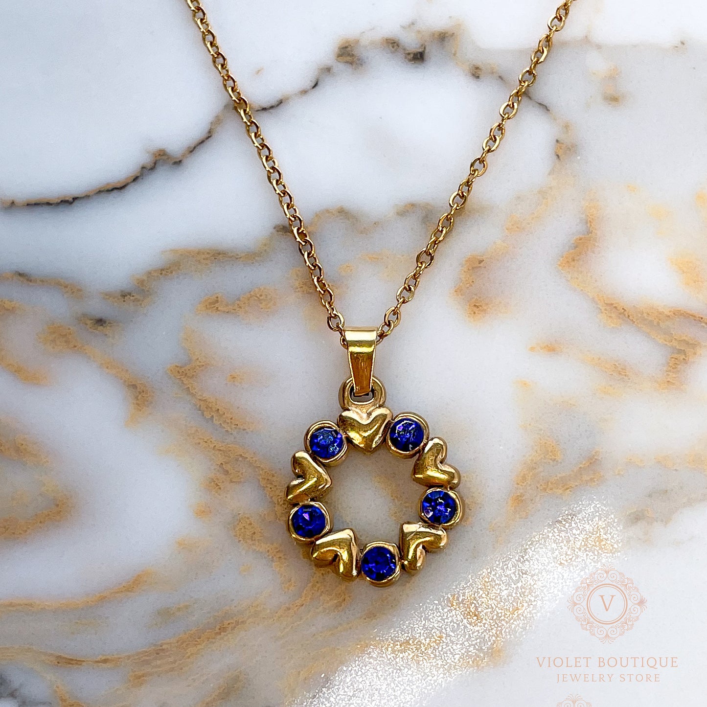 VB Olivia , 18K Gold Plated Necklace, Deep Blue Crystals.