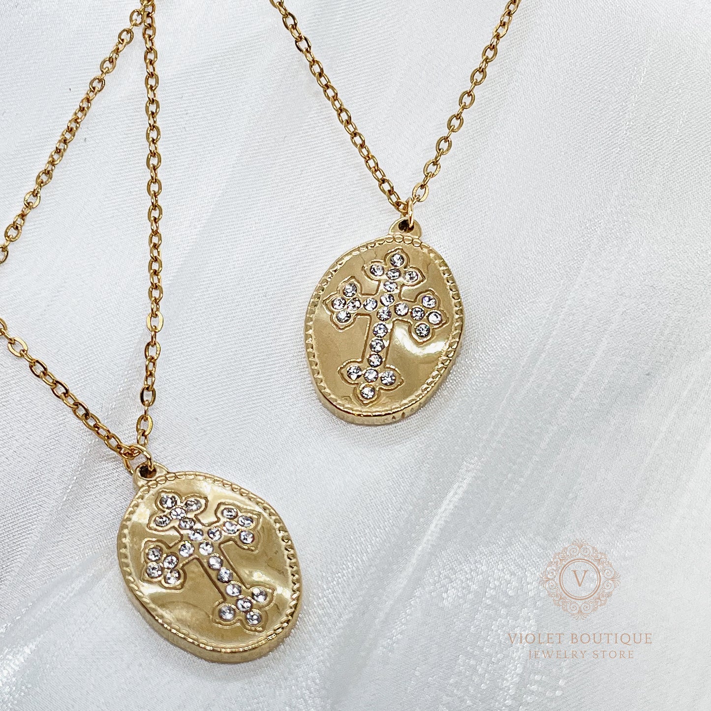 VB 18K Gold Plated Necklace with a Cross Rhinestones Medallion.