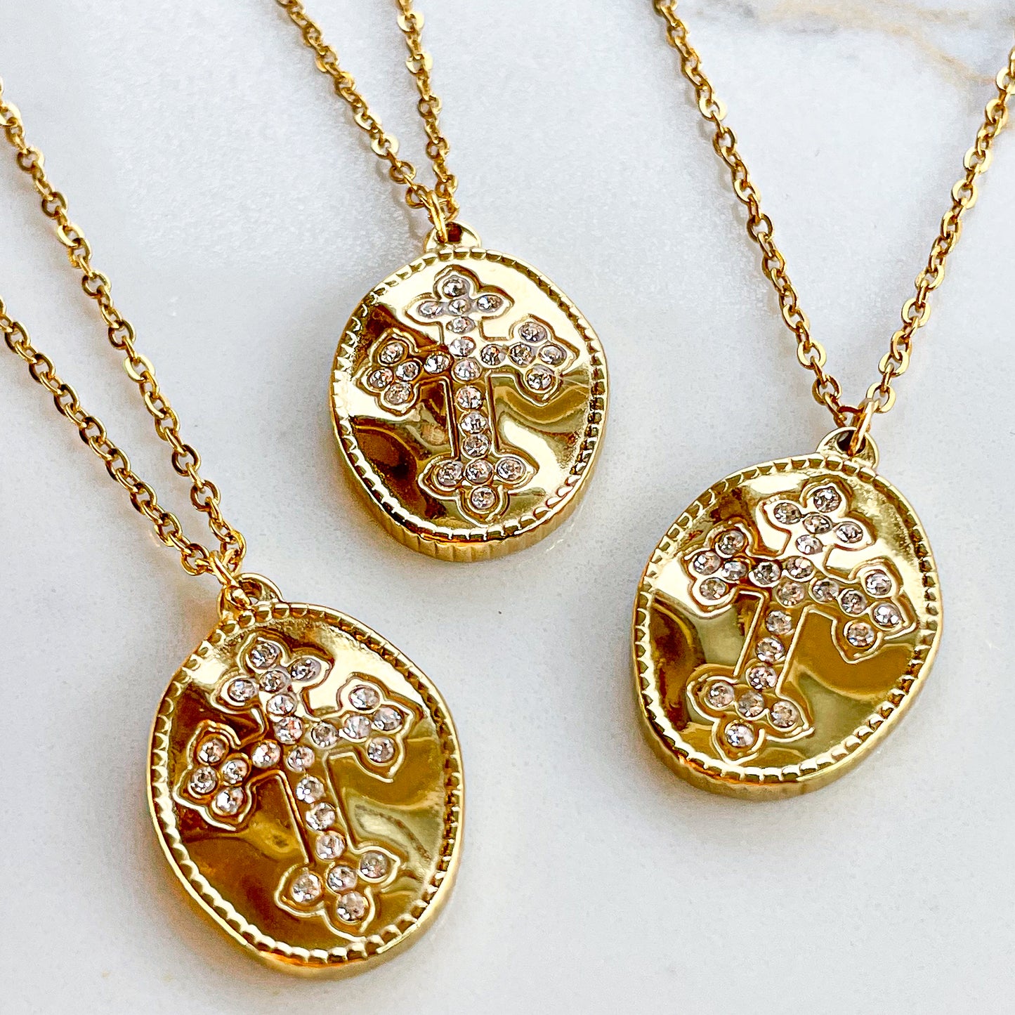 VB 18K Gold Plated Necklace with a Cross Rhinestones Medallion.