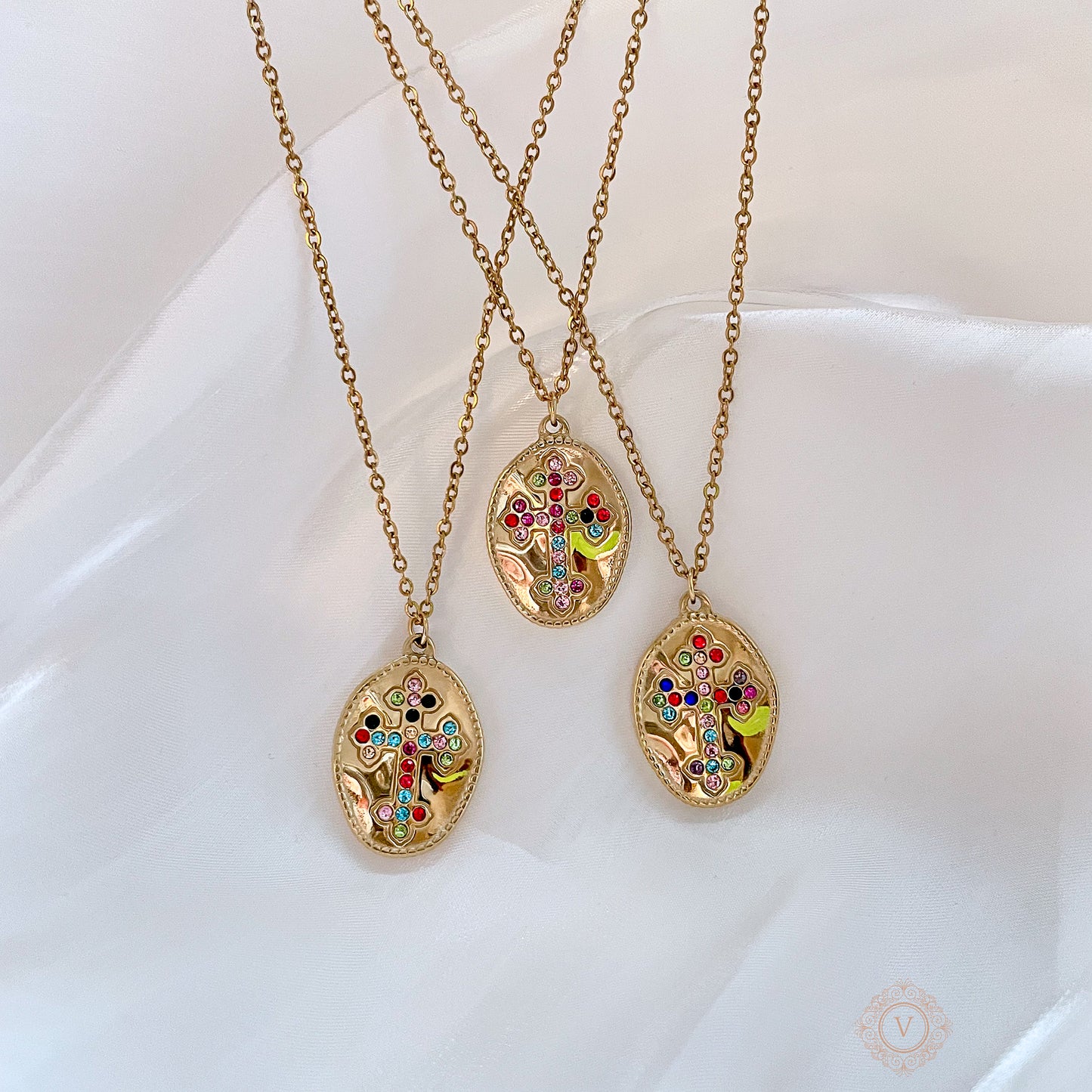VB 18K Gold Plated Necklace with a Multicolor Rhinestone Cross Charm.