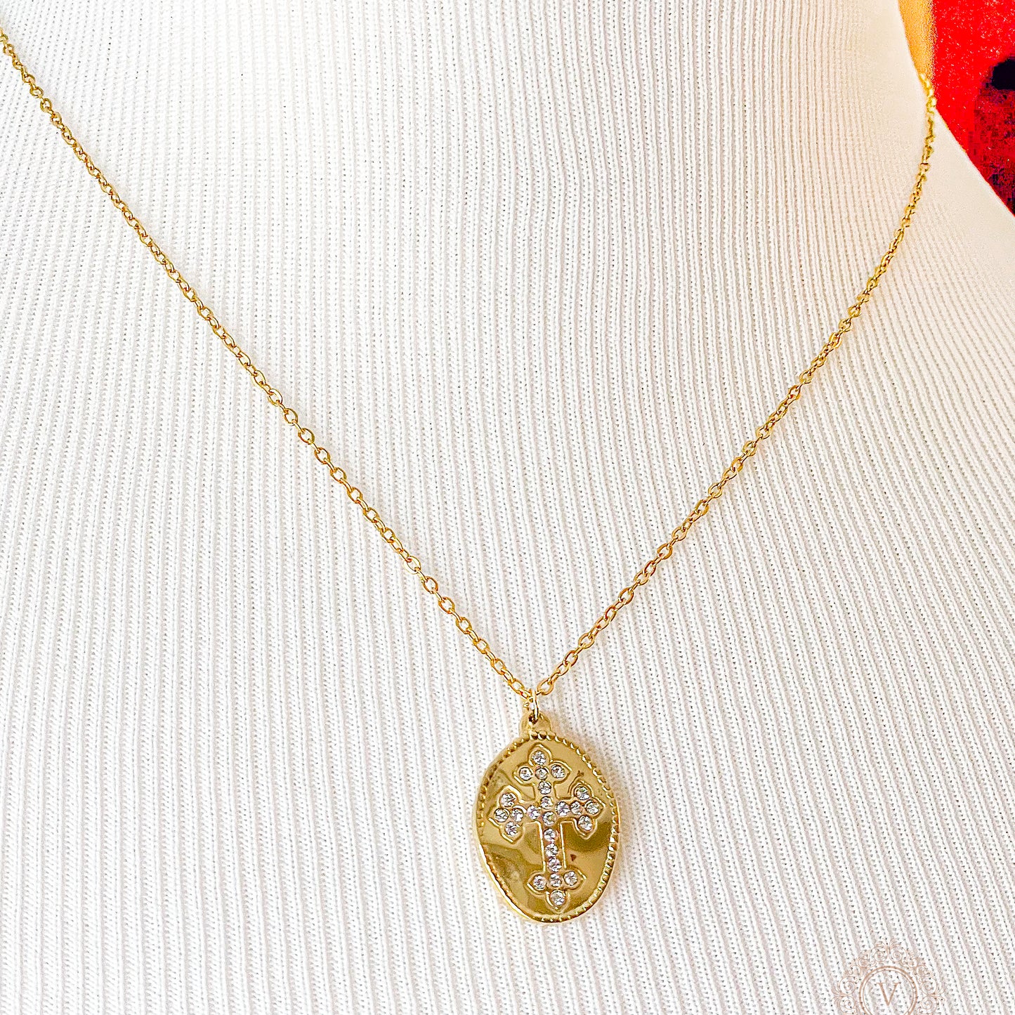 VB 18K Gold Plated Necklace with a Cross Rhinestones Medallion.