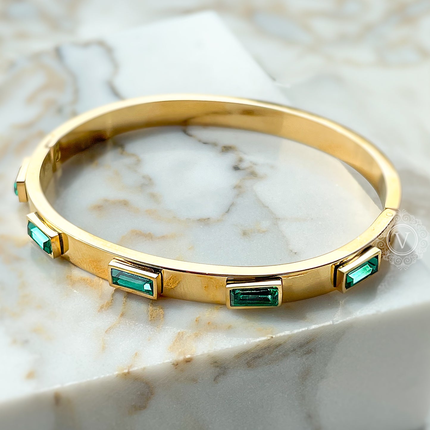 18K Gold Plated, Green Zircon Bracelet, Waterproof, Hypoallergenic, Emily.