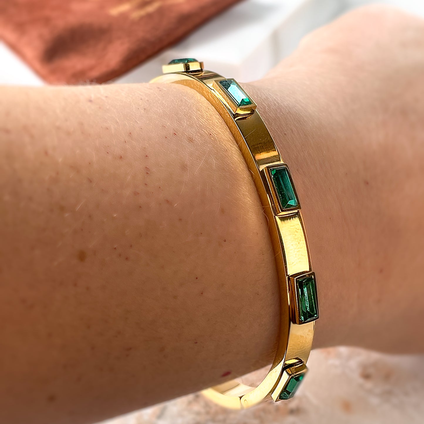 18K Gold Plated, Green Zircon Bracelet, Waterproof, Hypoallergenic, Emily.