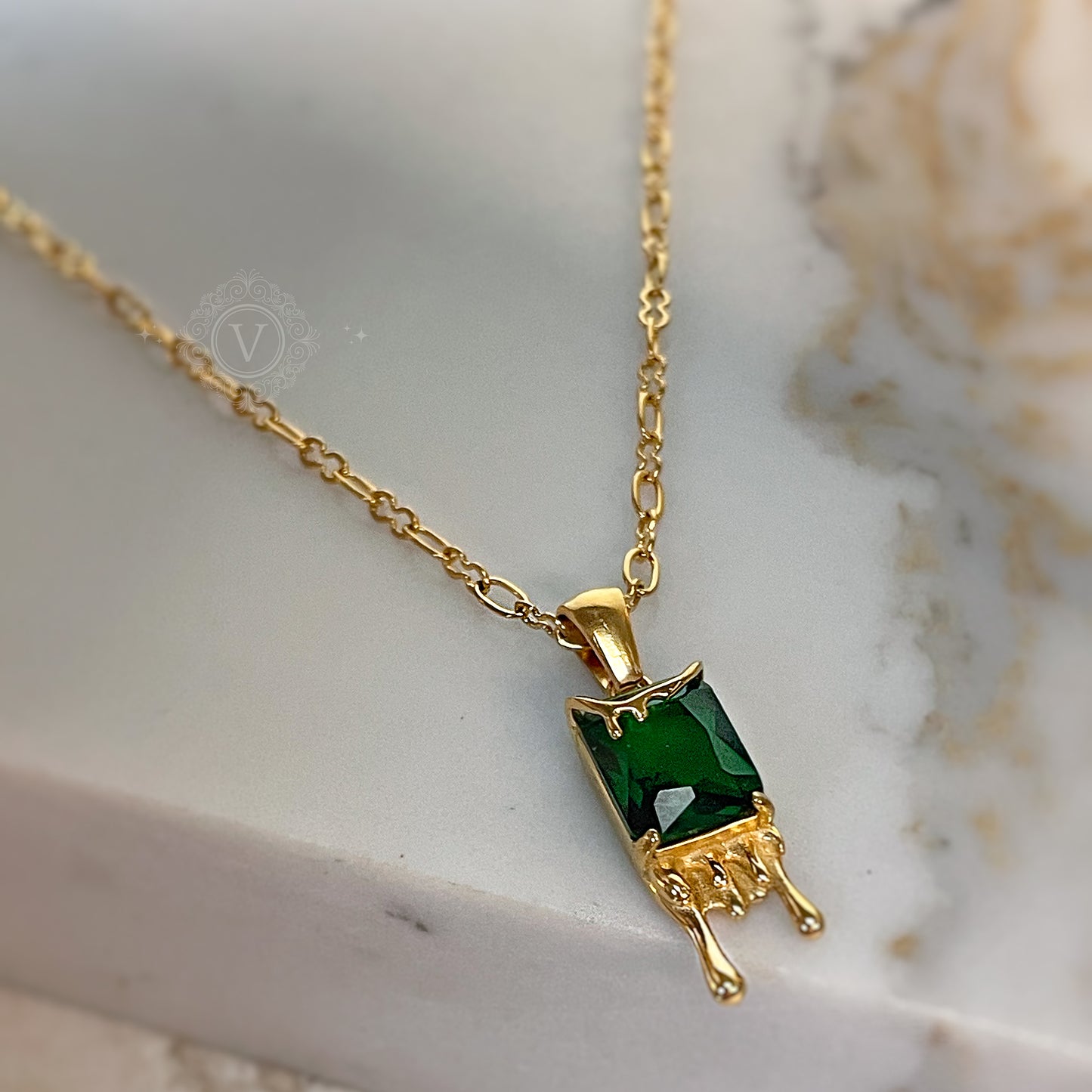 18K Gold Plated, Dainty Necklace with a Green Stone.