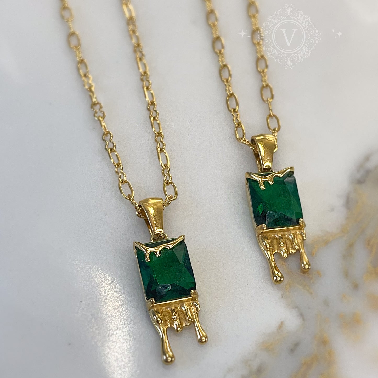 18K Gold Plated, Dainty Necklace with a Green Stone.