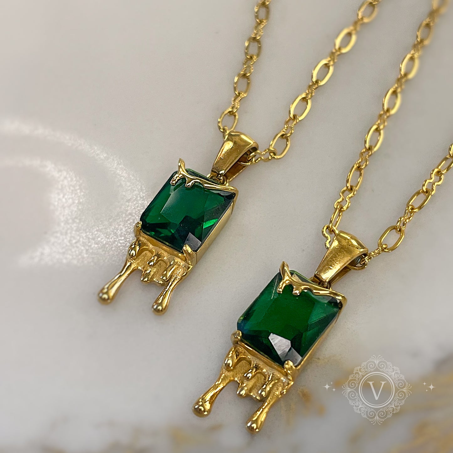 18K Gold Plated, Dainty Necklace with a Green Stone.