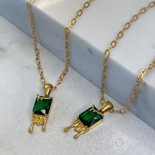 18K Gold Plated, Dainty Necklace with a Green Stone.
