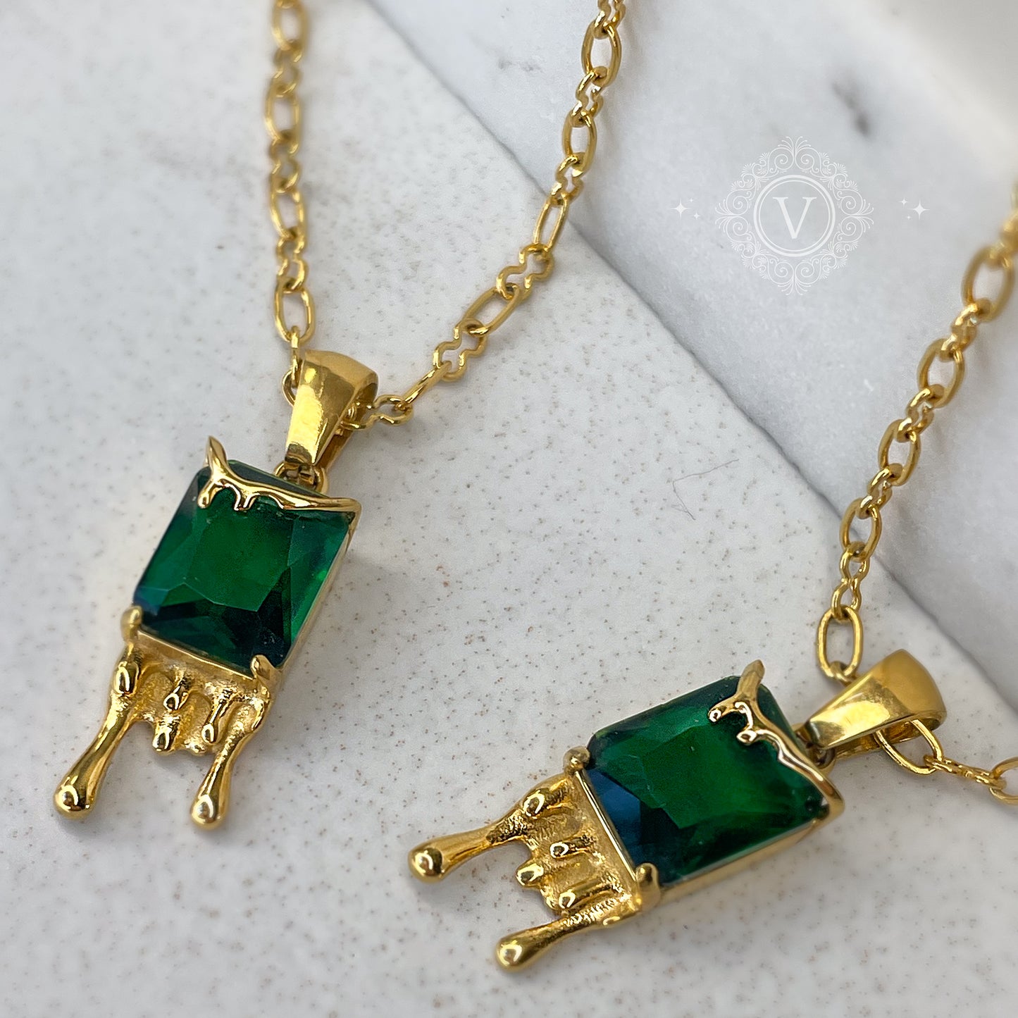 18K Gold Plated, Dainty Necklace with a Green Stone.