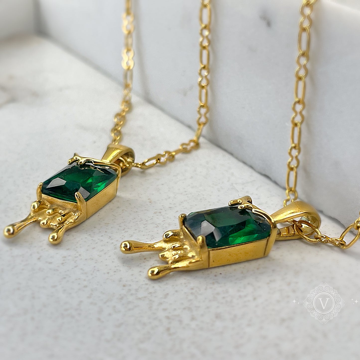 18K Gold Plated, Dainty Necklace with a Green Stone.