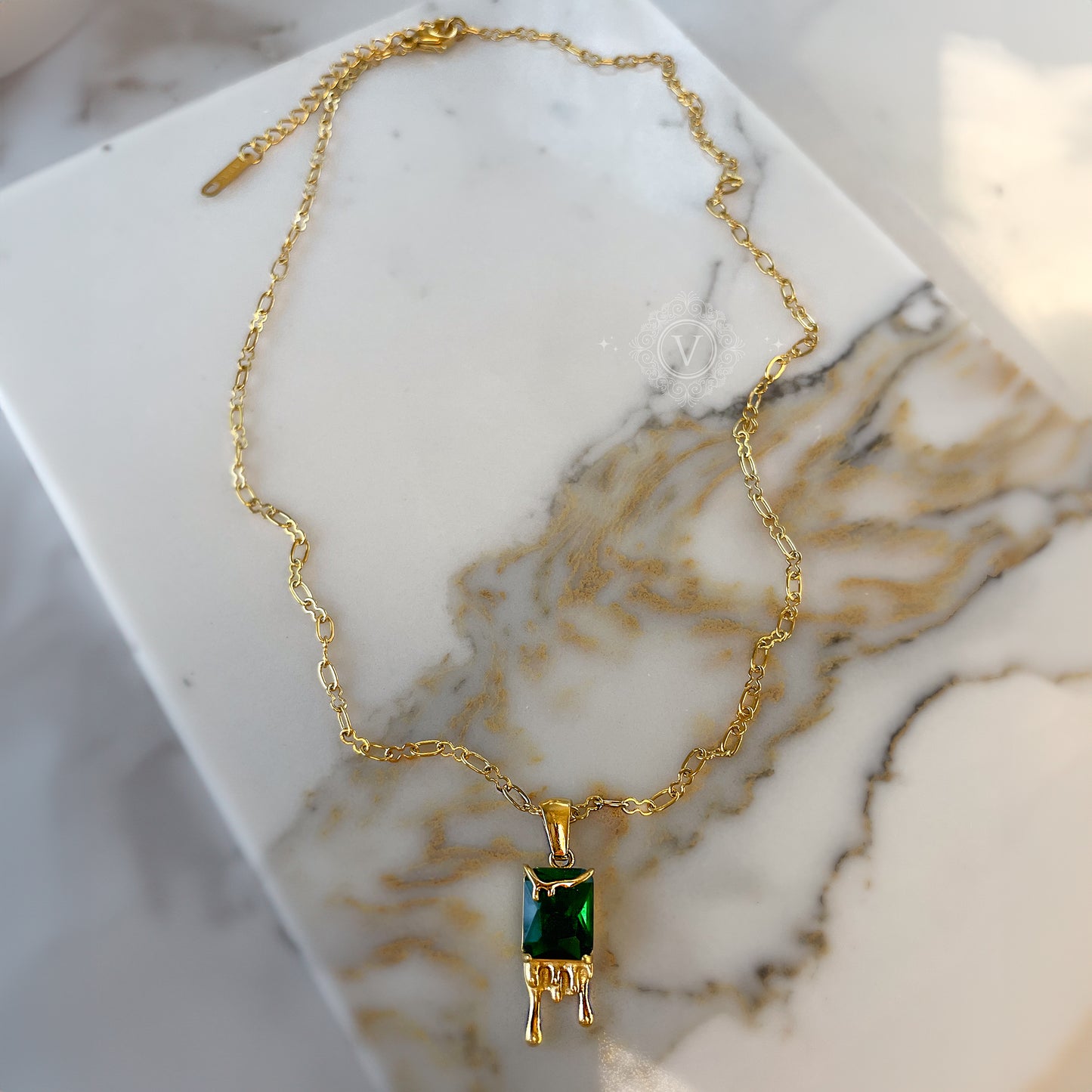 18K Gold Plated, Dainty Necklace with a Green Stone.