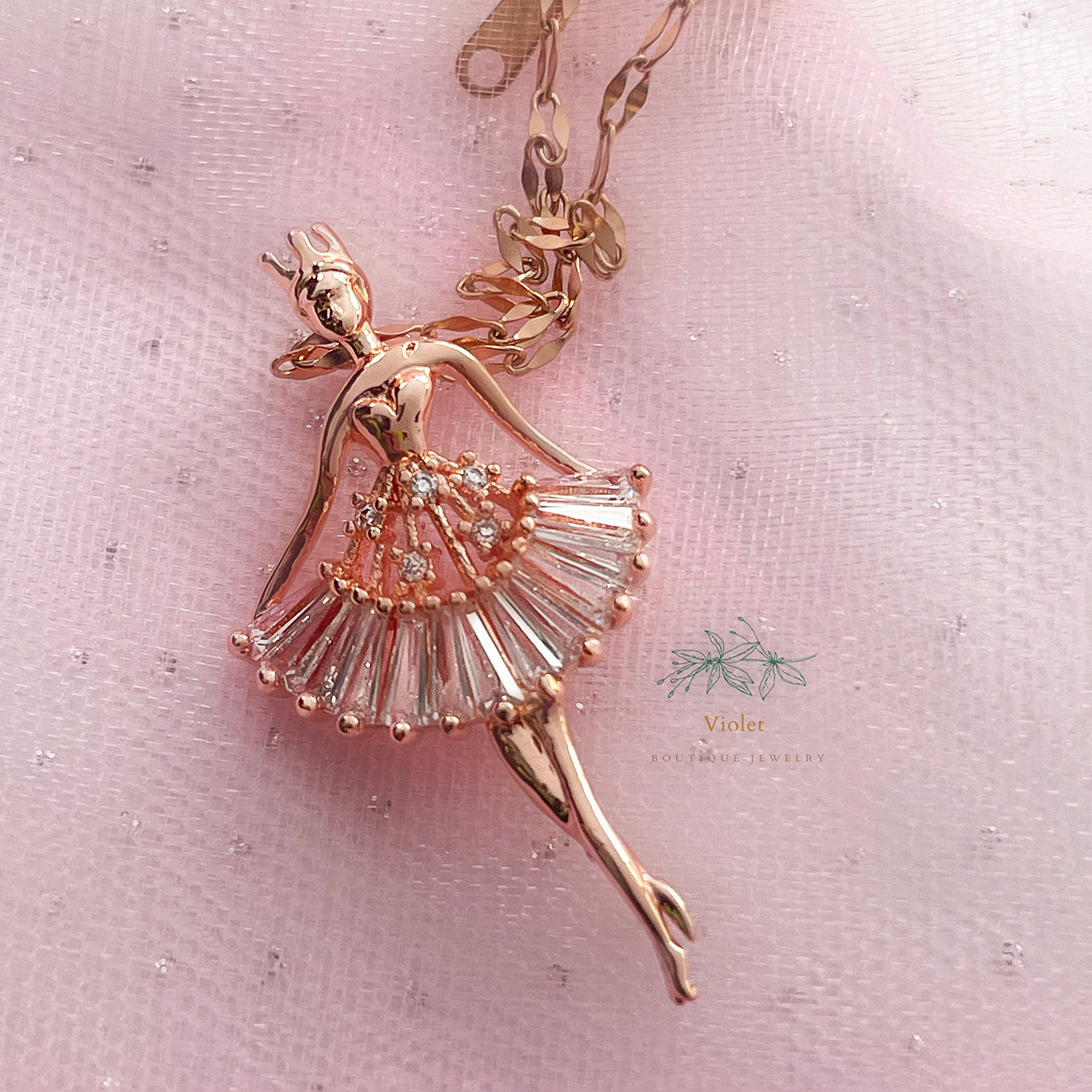 Elegant Dancer Ballerina Necklace Gold Rose Color.