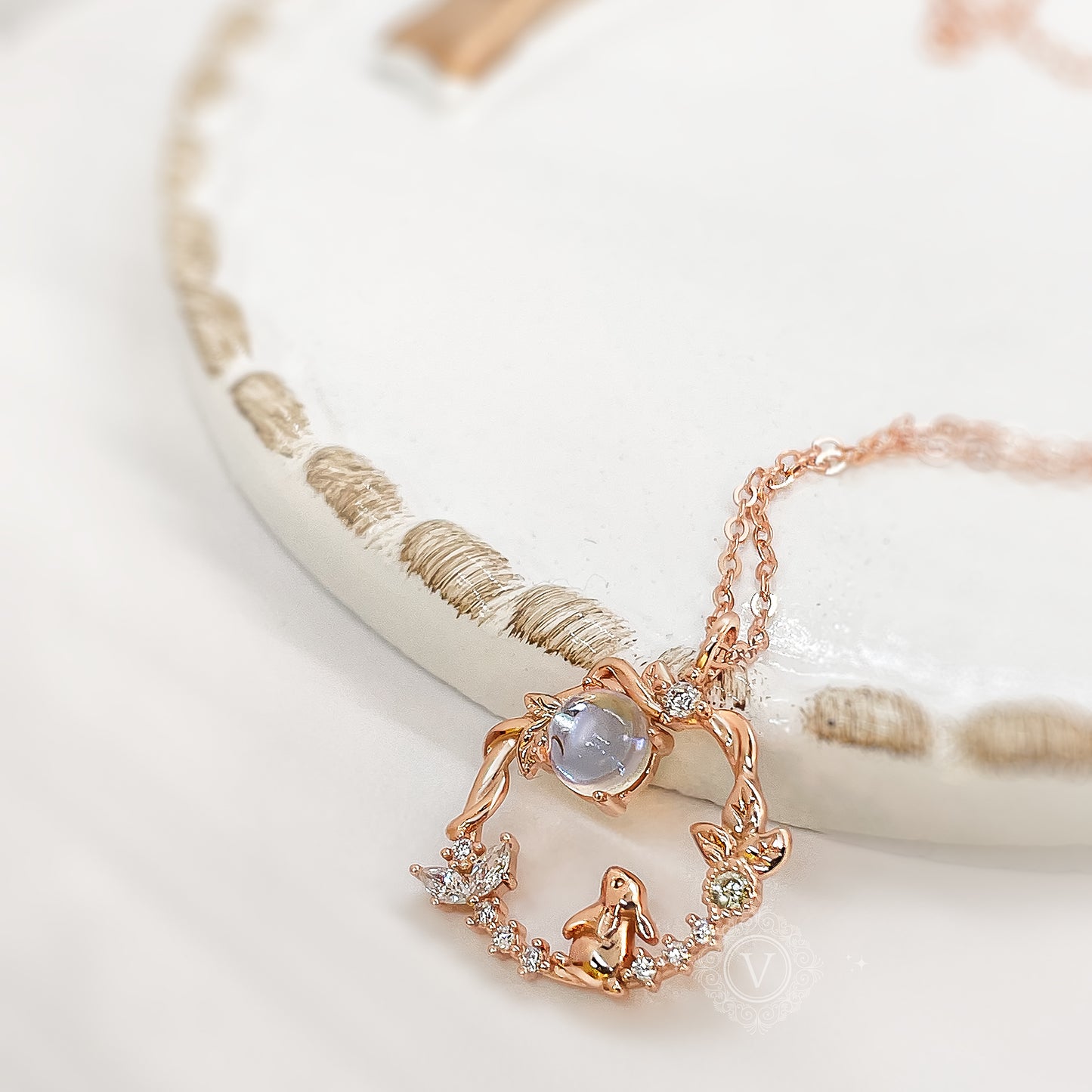 Rabbit S925 Sterling Silver, Rose Gold Necklace, Moonstone.