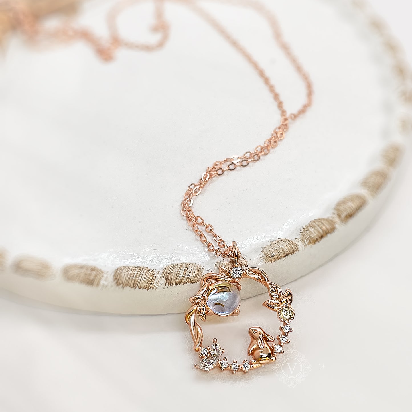 Rabbit S925 Sterling Silver, Rose Gold Necklace, Moonstone.