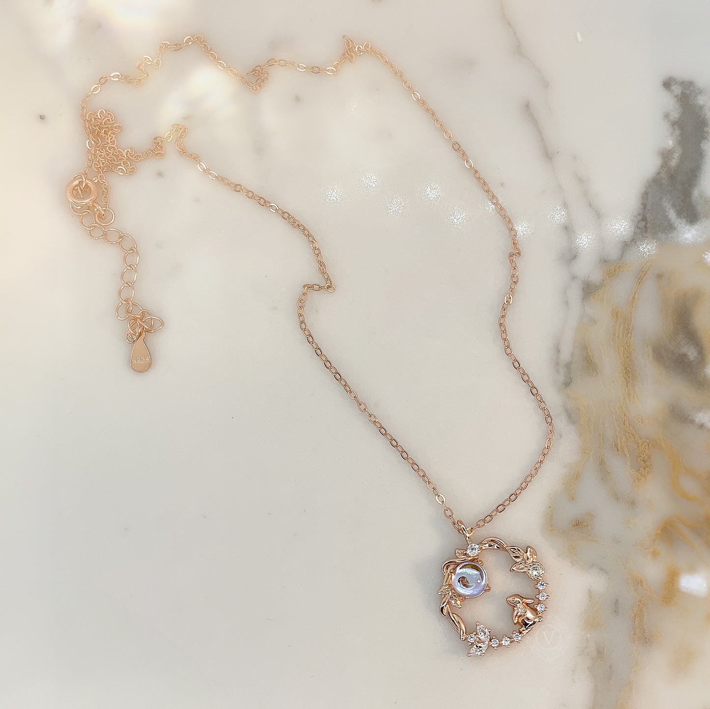 Rabbit S925 Sterling Silver, Rose Gold Necklace, Moonstone.