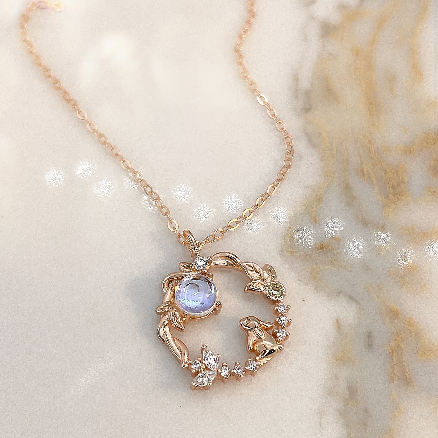 Rabbit S925 Sterling Silver, Rose Gold Necklace, Moonstone.