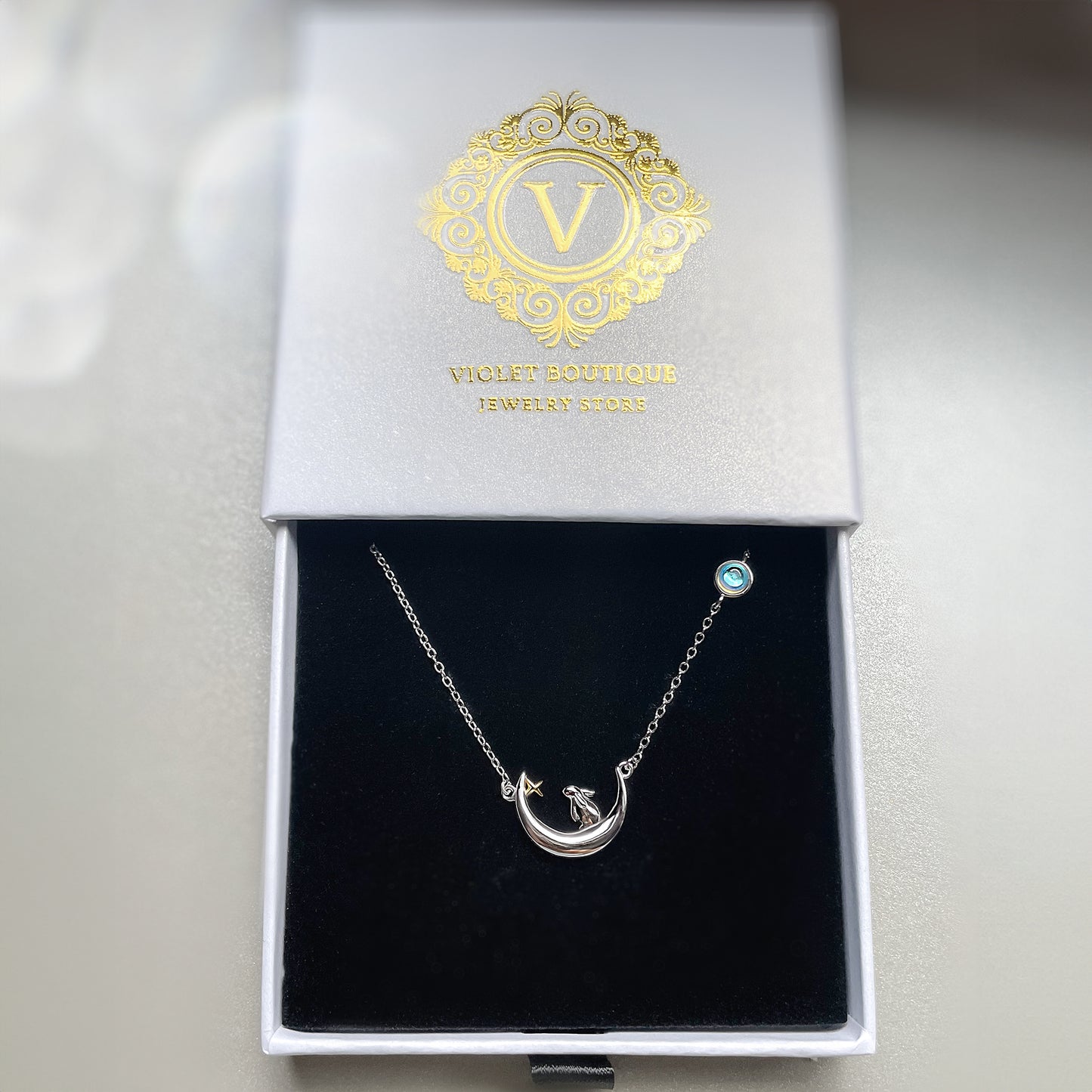 VB Sterling Silver Cute Rabbit on the Moon Necklace.